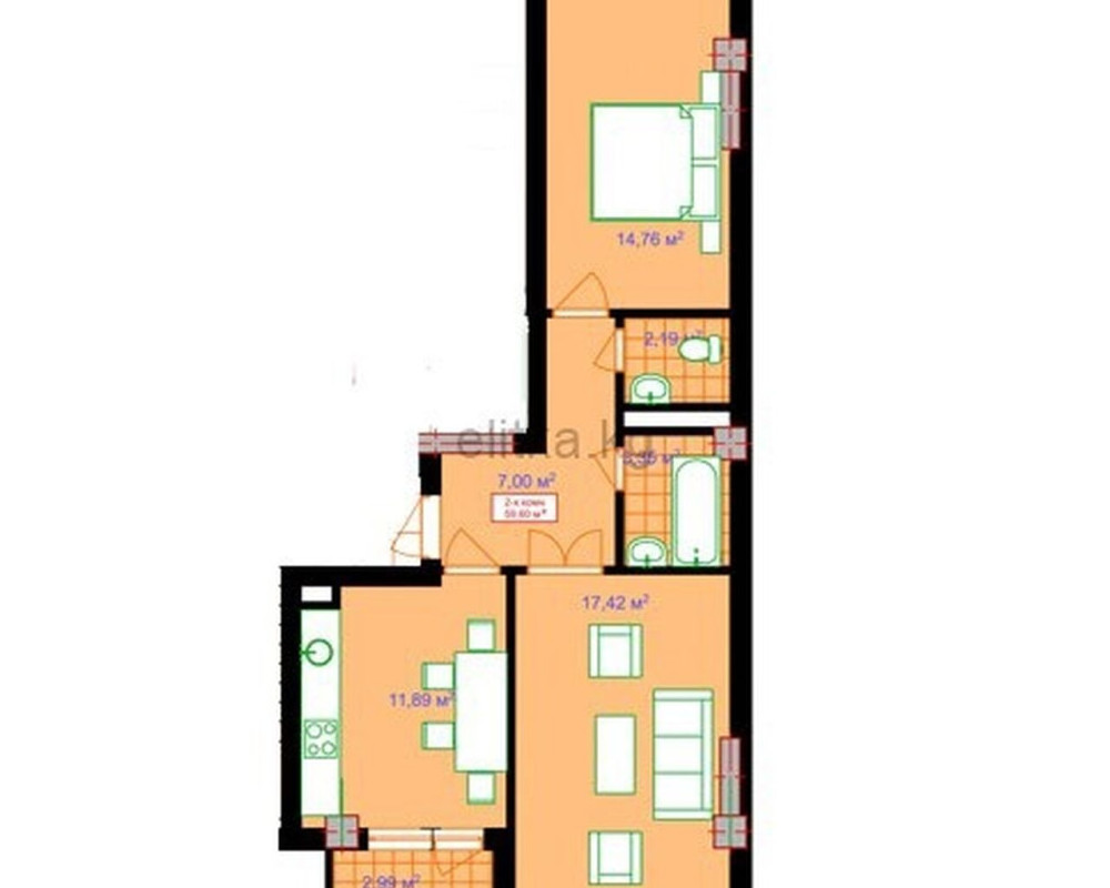 , Квартира, 2комн, с отделкой, Элитка, 8этаж, 9этажность, 59м<sup>2</sup>, 76000$