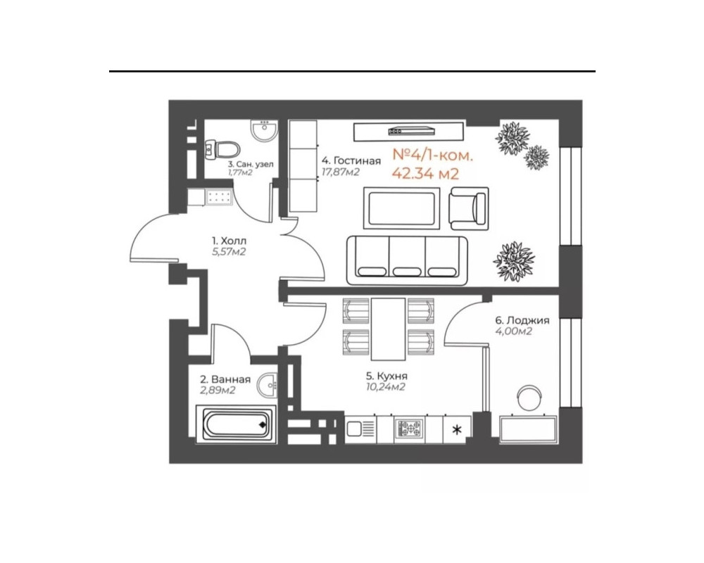  Квартира, 1комн, с отделкой, Элитка, 4этаж, 14этажность, 43м<sup>2</sup>, 56500$